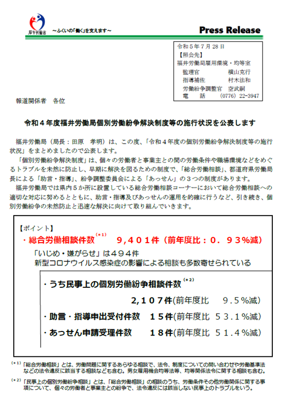 福井労働局個別労働紛争解決制度等の施行状況を公表します