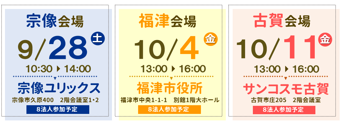 宗像ユリックス2階会議室1・2令和6年9月28日（土）10時30分～14時00分（受付開始10時00分）福津市役所別館大ホール令和6年10月4日（金）13時00分～16時00分（受付開始12時30分）サンコスモ古賀2階会議室令和6年10月11日（金）13時00分～16時00分（受付開始12時30分）