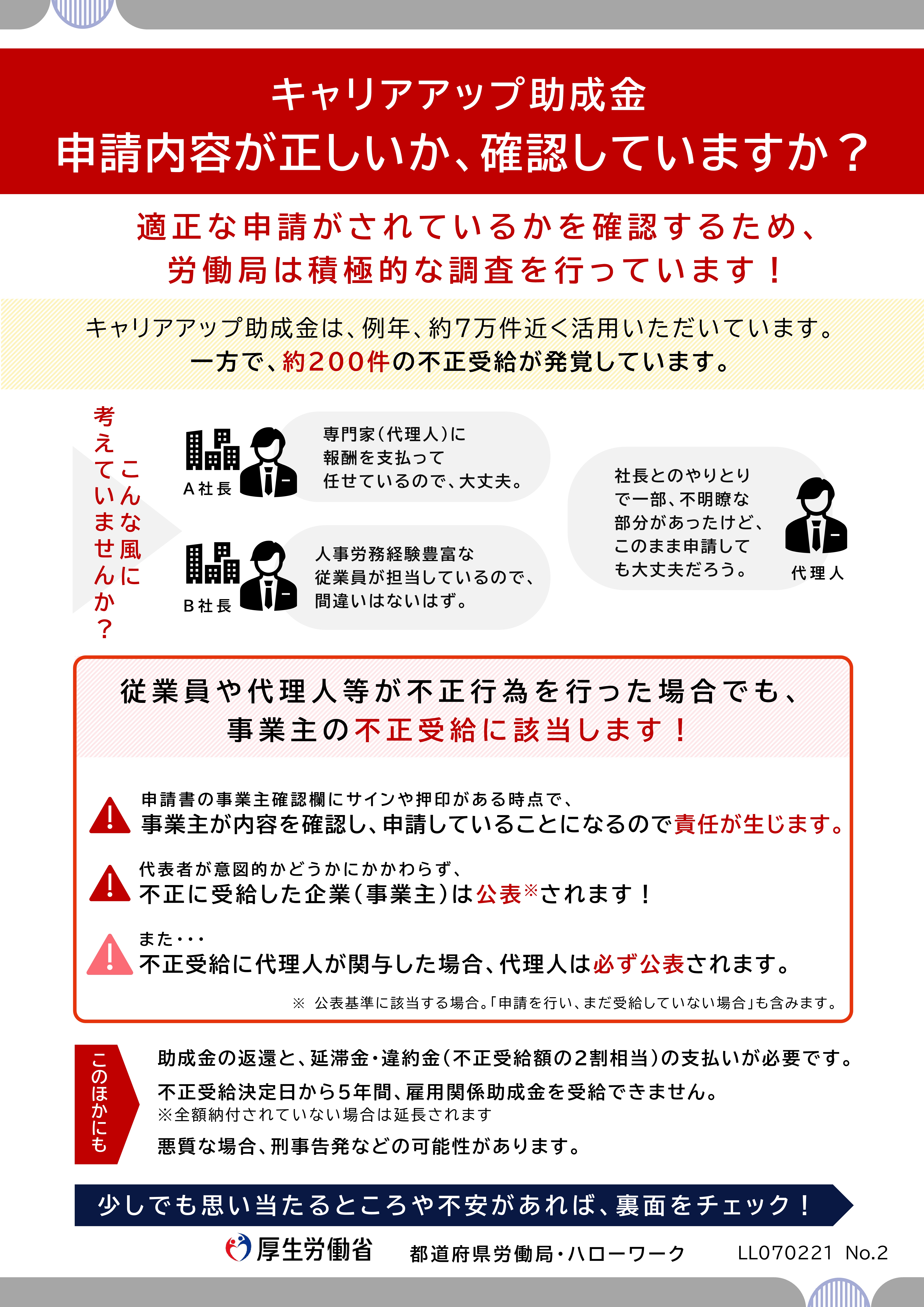 適正な申請がなされているかを確認するため、労働局は積極的な調査を行っています！