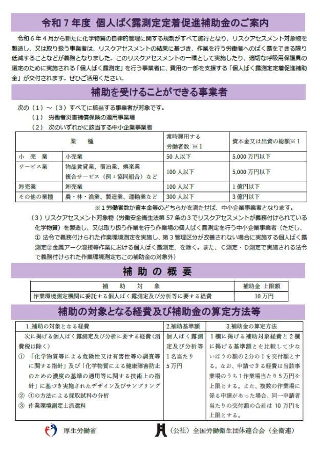 個人ばく露測定定着促進補助金のご案内