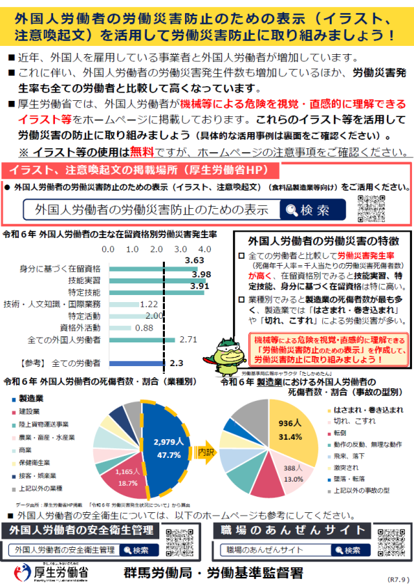 外国人労働者の労働災害防止のための表示（イラスト、注意喚起文）を活用して労働災害防止に取り組みましょう！