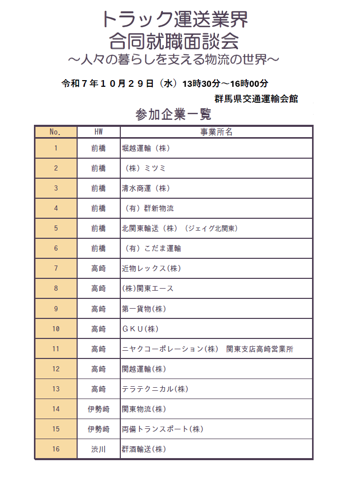 トラック運送業界 合同就職面談会参加企業一覧