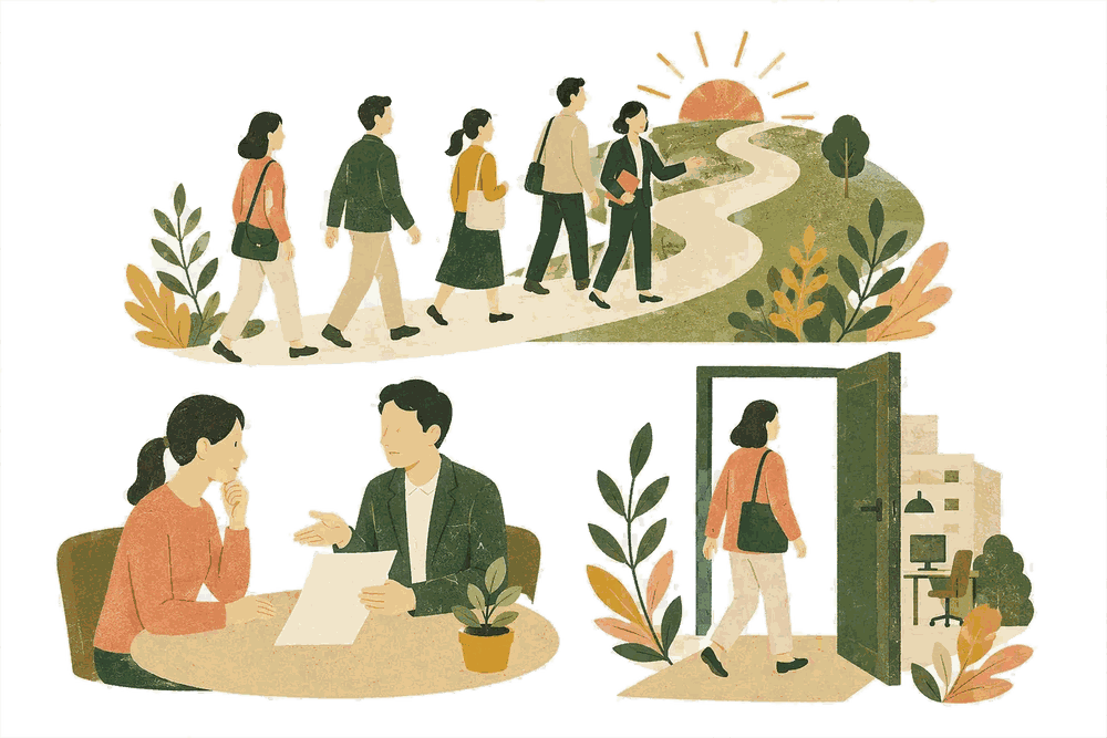 仕事探し、相談、就職までの流れを表した版画調のイラスト