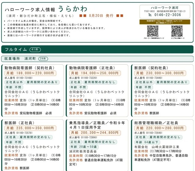 ハローワーク浦河の週刊求人情報誌の見本
