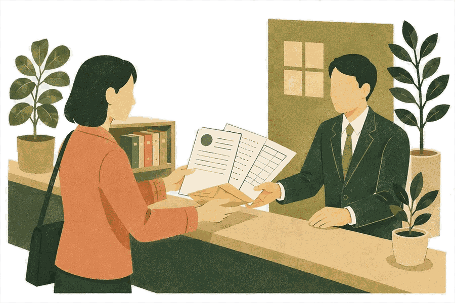 応募書類を会社の担当者へ提出する様子の版画調イラスト