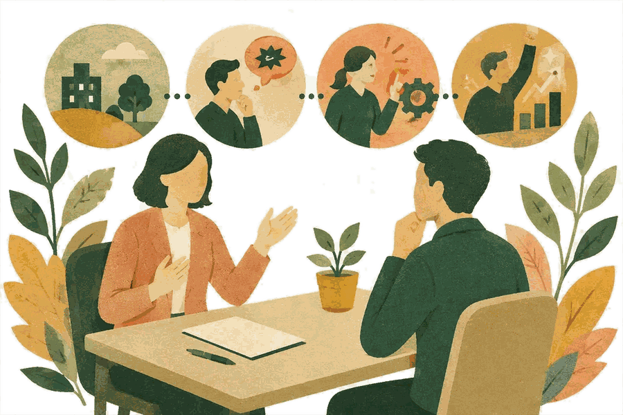 面接練習で経験を順序立てて説明する様子の版画調イラスト