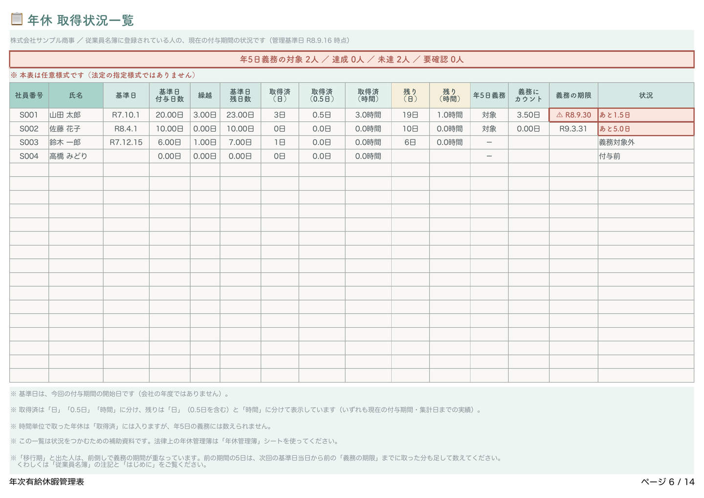 年次有給休暇 管理表の表紙