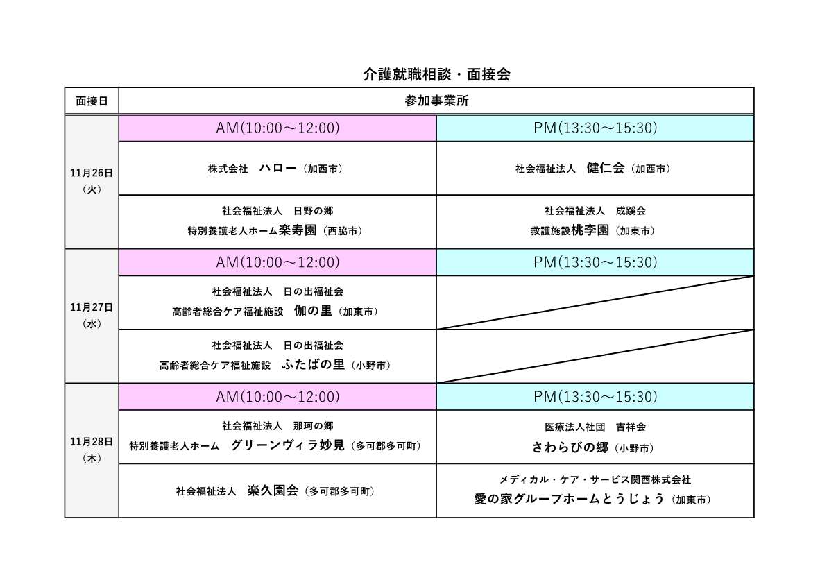 11月26～28日開催ハローワーク西脇介護就職デイ参加企業一覧