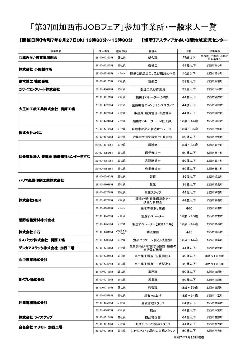 8月27日開催加西市JOBフェア求人一覧