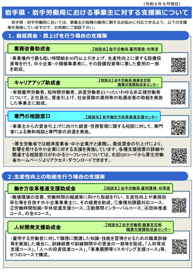 リーフレット「岩手県・岩手労働局における事業主に対する支援策について」