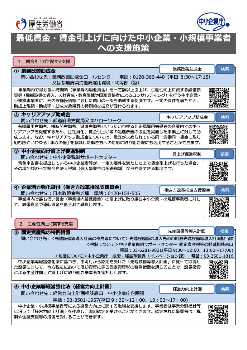 リーフレット「最低賃金・賃金引上げに向けた中小企業・小規模事業者への支援施策」