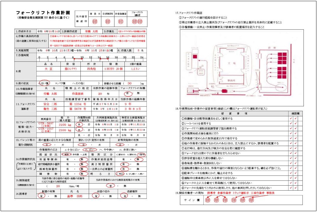 フォークリフト作業計画（記載例）