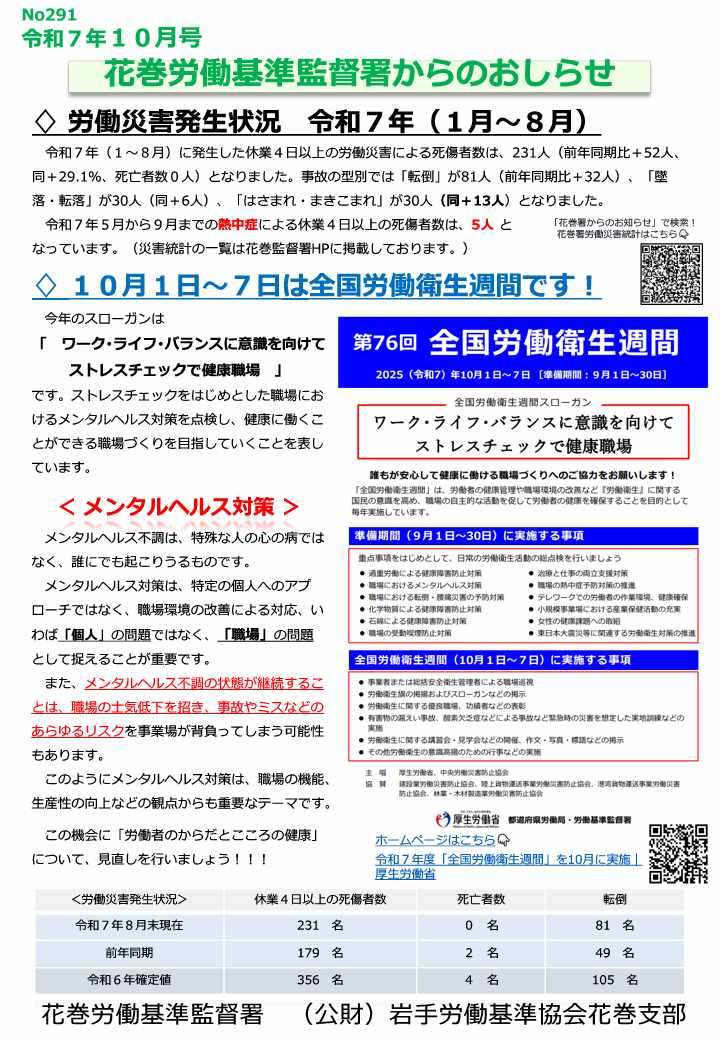 花巻労働基準監督署からのお知らせ(安全衛生課、令和7年10月)
