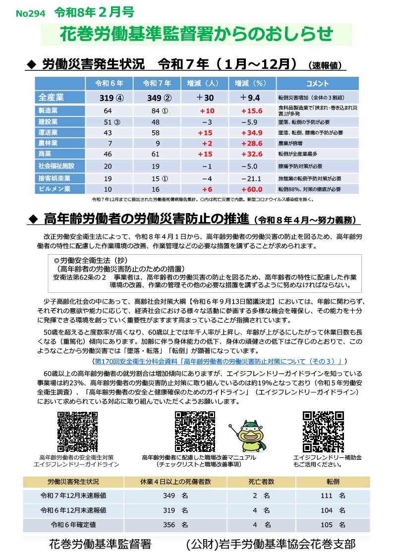 花巻労働基準監督署からのお知らせ（安全衛生課、令和8年1月）