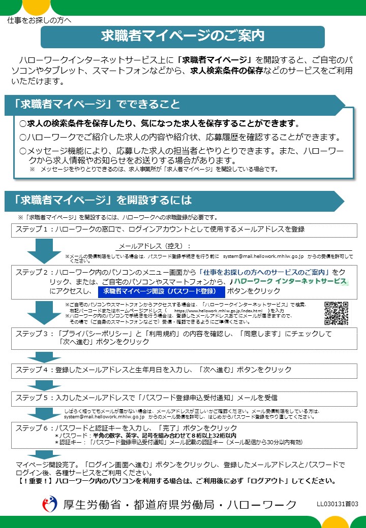 求職者マイページの開設手続きのご案内 求職者マイページの開設手続きのご案内
