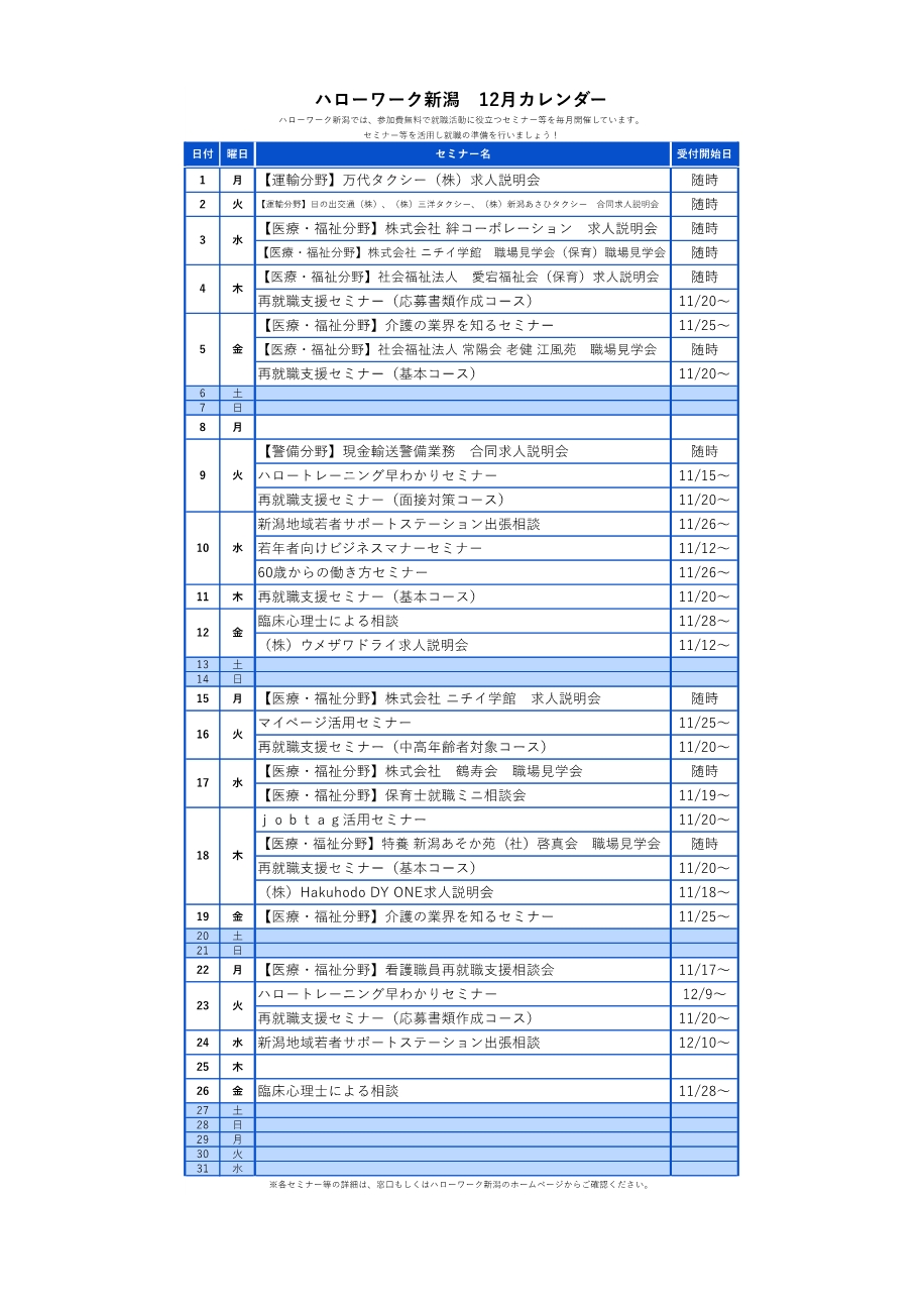 ハローワーク新潟12月イベントカレンダー