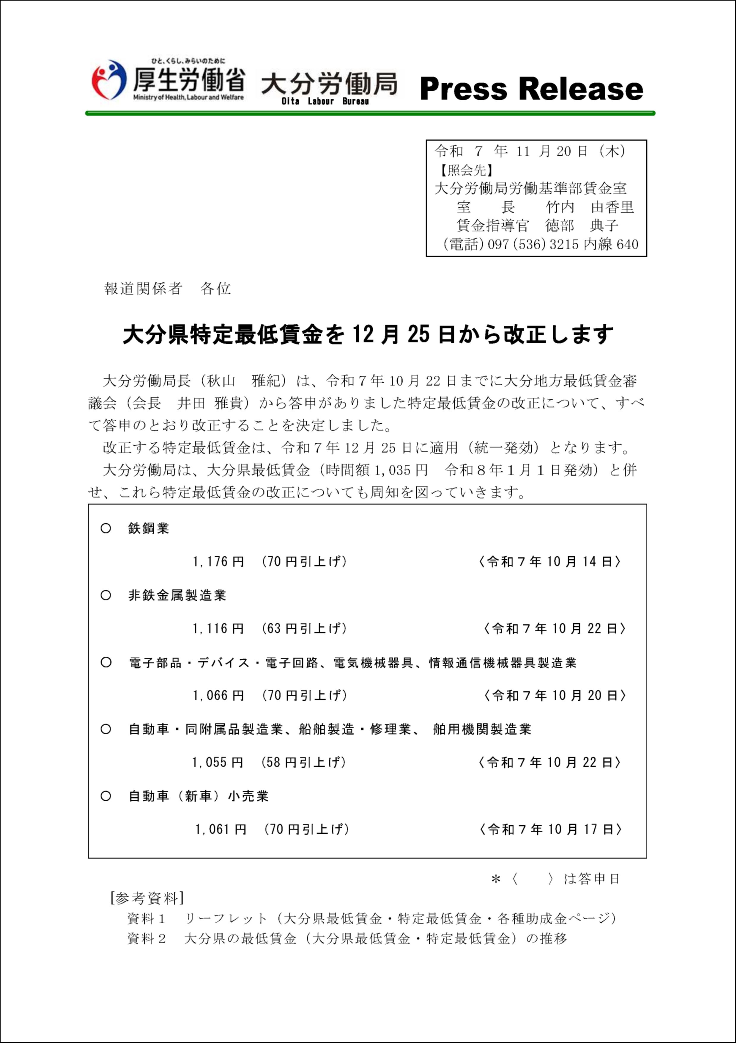 大分県特定最低賃金改正の決定について