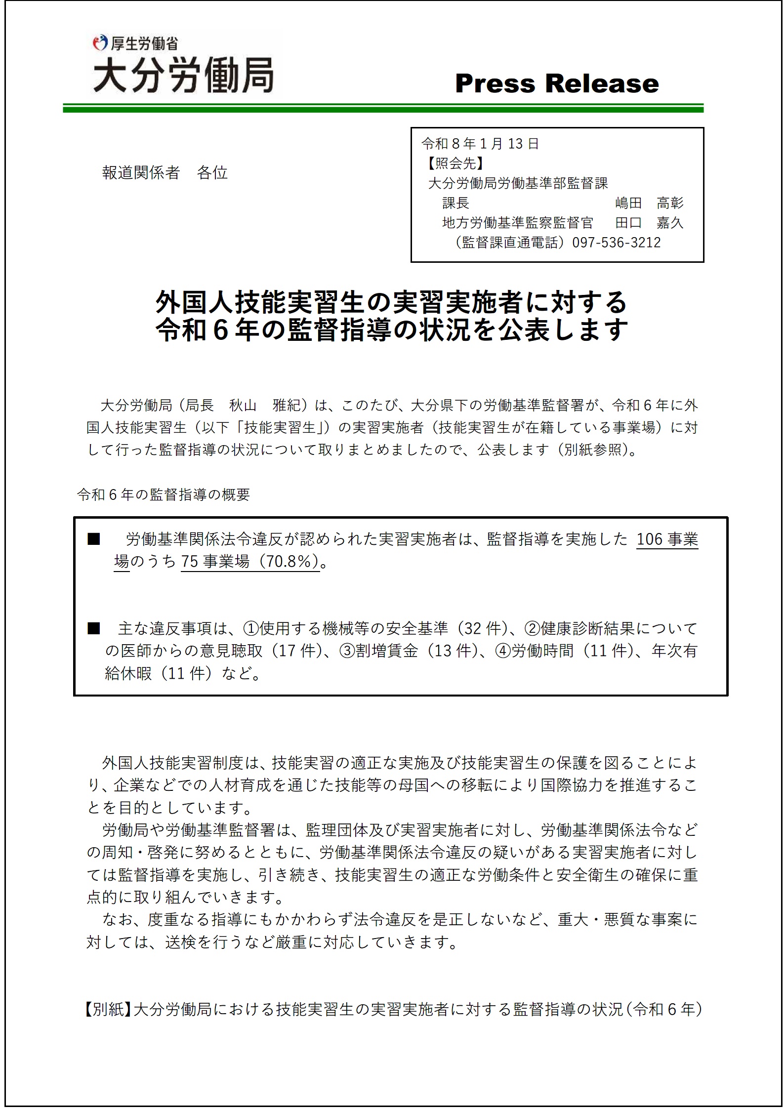 技能実習生の実習実施者に対する令和6年監督指導の状況