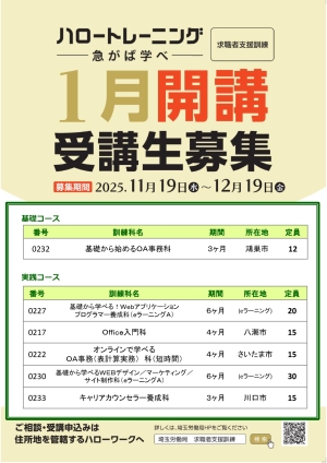 ~1月20日開講 求職者支援訓練募集~
