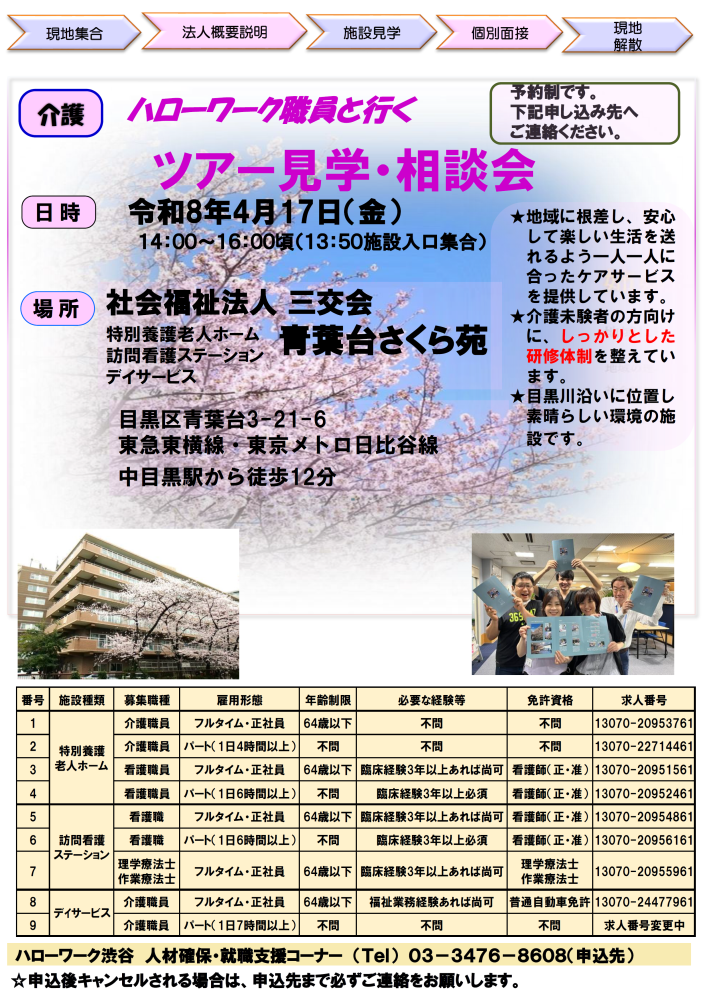 ハローワーク渋谷 介護・福祉分野の施設見学・相談会（社会福祉法人三交会）のチラシ画像