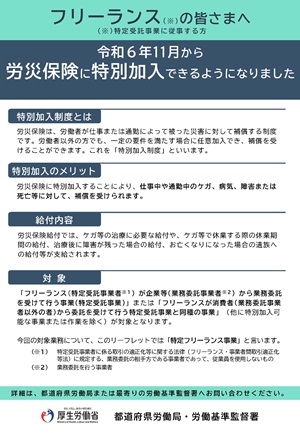 画像・フリーランスの皆さまへ 令和6年11月から労災保険に特別加入できるようになりました（上記リンクからご確認ください）