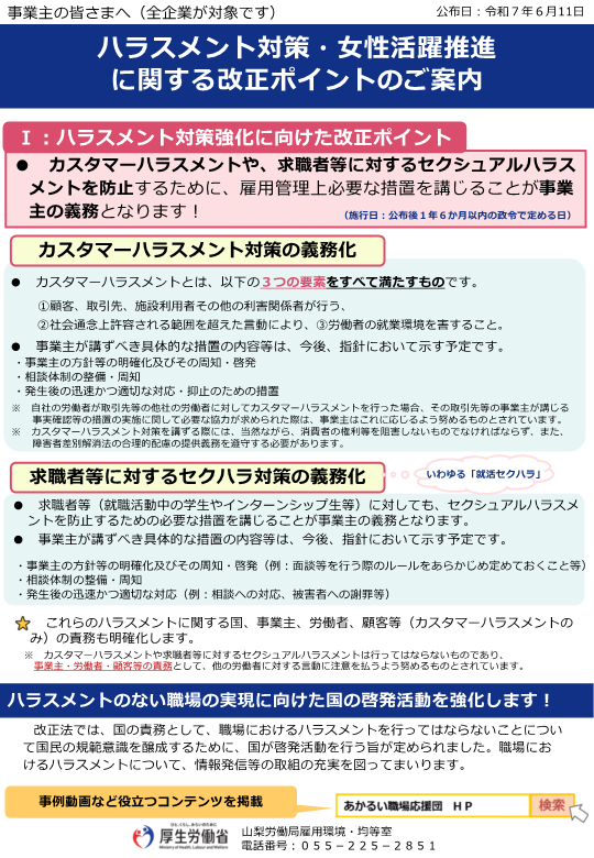 ハラスメント対策・女性活躍推進に関する改正ポイントのご案内のリーフレット1枚目