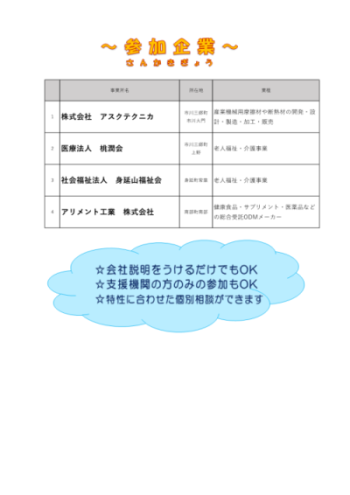障害者就職相談会チラシ 裏 参加企業4社