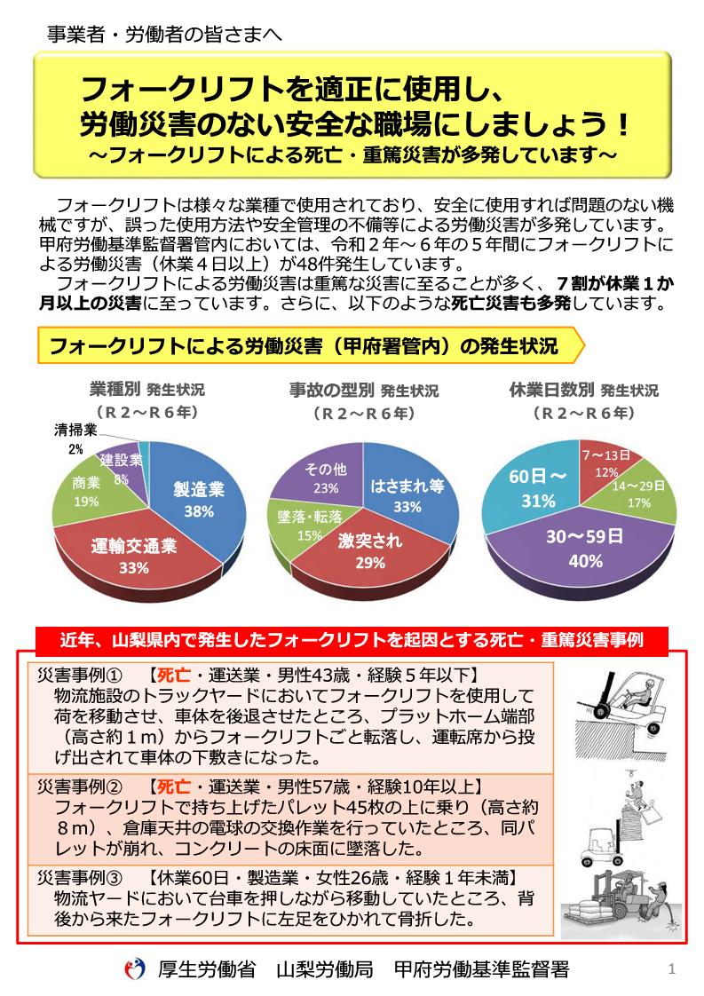 甲府労働基準監督署作成のフォークリフトの労働災害防止パンフレットの画像