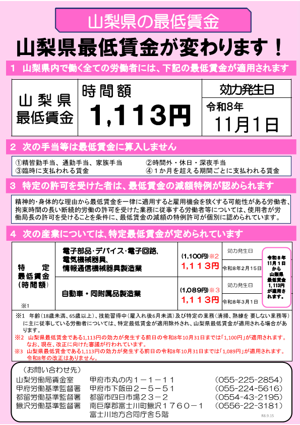山梨県の最低賃金のリーフレット